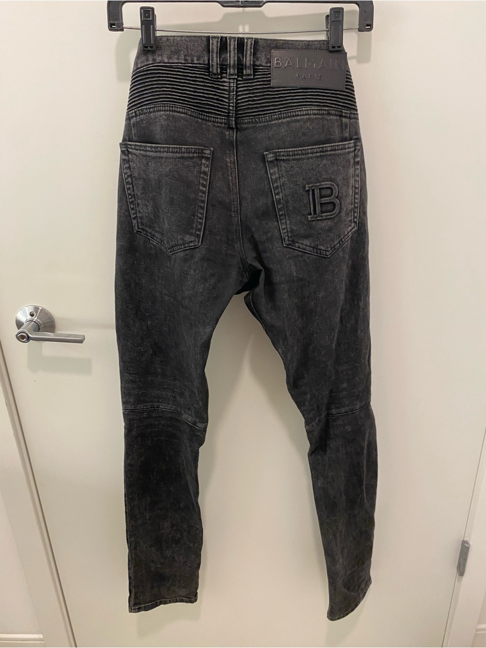 Balmain Men's Washed Black Moto Biker Denim Slim Jeans